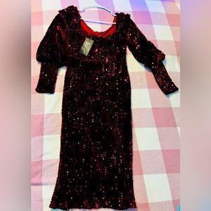 Miss Ord Sequin Red Wine Dress with wide sleeves…